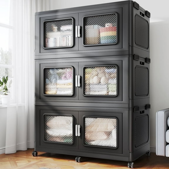 900Qt Extra Large Stackable Storage Bins with Lid, 225Gal Collapsible Closet Organizer and Storage Drawers with Wheels, Plastic Storage Box, 3Packs, Black