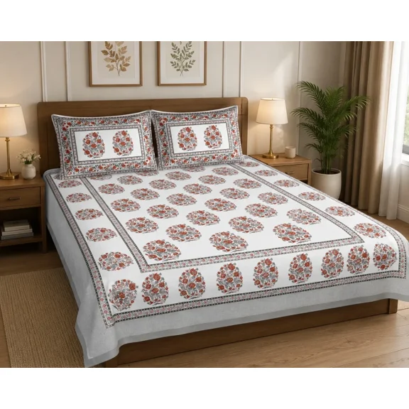900 TC Terracotta and White Floral Motifs Alskan King Flat Bedsheet with 2 Pillow Covers