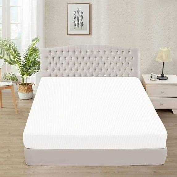 900 Thread Count 100% Egyptian Cotton 3-Piece Fitted Sheet ( 1 Fitted Sheet + 2 Pillow Covers) 18 Inches Deep Pocket Size Olympic-Queen Color White Stripe