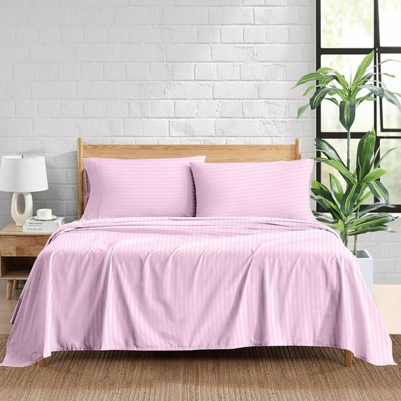 900 Thread Count 100% Egyptian Cotton 4-Piece Bed Sheet Set (1 Flat, 1 Fitted Sheet, 2 Pillow Covers) 15 Inches Deep Pocket Size Queen Color Lavender Stripe