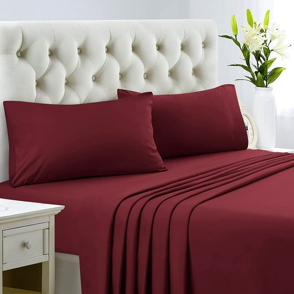 900 Thread Count 100% Egyptian Cotton 4-Piece Bed Sheet Set (1 Flat, 1 Fitted Sheet, 2 Pillow Covers) 24 Inches Deep Pocket Size Full Color Burgundy Solid