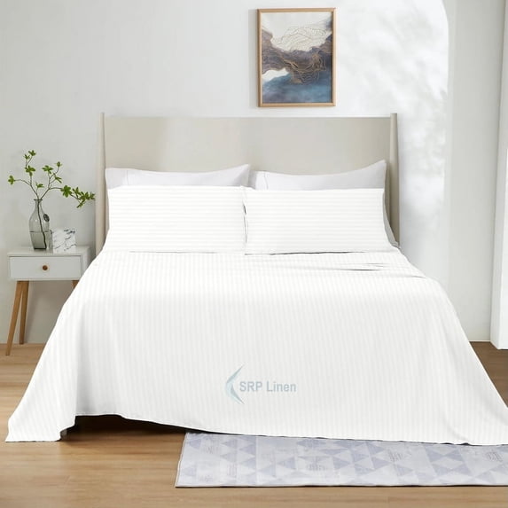 900 Thread Count 4 Piece Quality Sheet Set 12 Inch Deep Pocket 100% Egyptian Cotton Color White Stripe Size California King