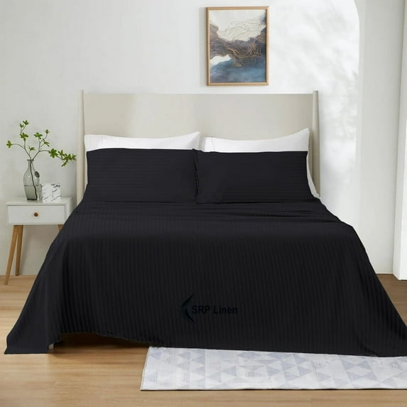 900 Thread Count 4 Piece Quality Sheet Set 18 Inch DeepPocket 100% Egyptian Cotton Color Black Stripe Size Twin XL