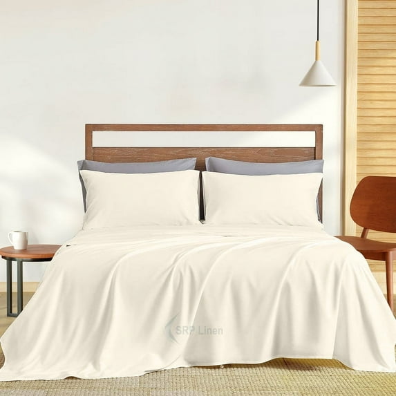 900 Thread Count 4 Piece Quality Sheet Set 24 Inch Deep Pocket 100% Egyptian Cotton Color Ivory Solid Size King