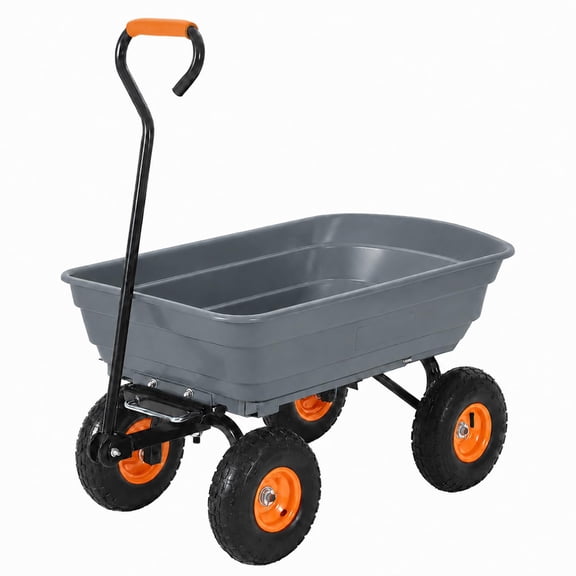 900 lb Heavy-Duty All-Terrain Garden Dump Cart, 250kg Load Capacity Utility Wagon with Easy-Dump Bed and 180 Rotating Handle, Yellow Hub, Gray Bucket