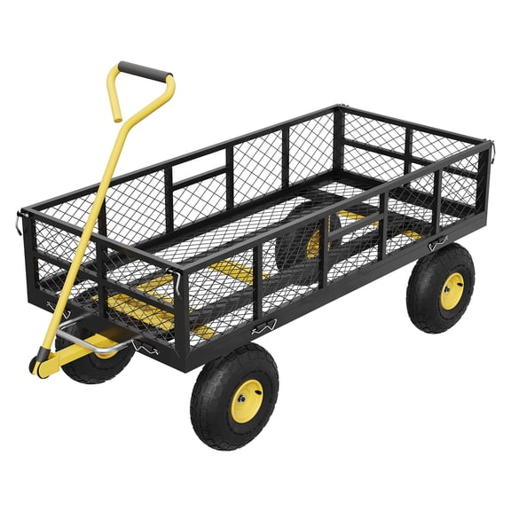 900 lb Heavy Duty Steel Garden Cart: Utility Dump Wagon with Removable Mesh Sides, 10" Air Tires & 180° Swivel Handle for Lawn, Farm, Yard Work, yellow
