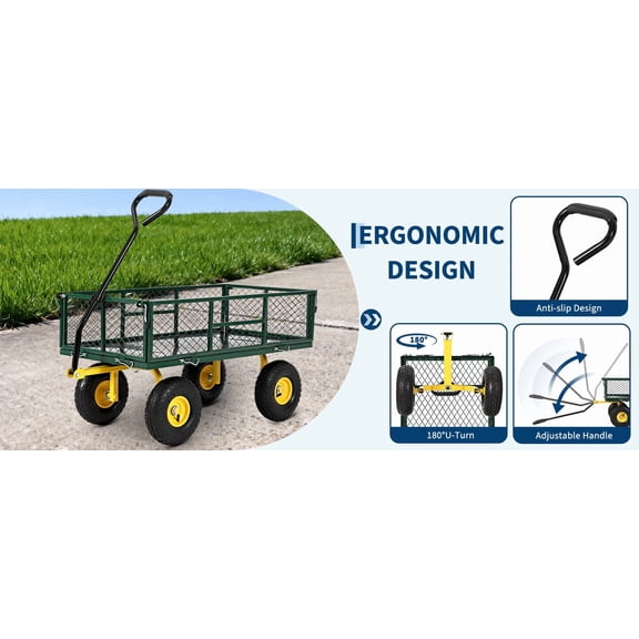 900 lbs Heavy Duty Steel Garden Cart - Convertible Flatbed Utility Wagon with Removable Mesh Sides - 10" All-Terrain Wheels - 180° Rotating Handle - Large Capacity for Lawn, Yard, Outdoor Gardening