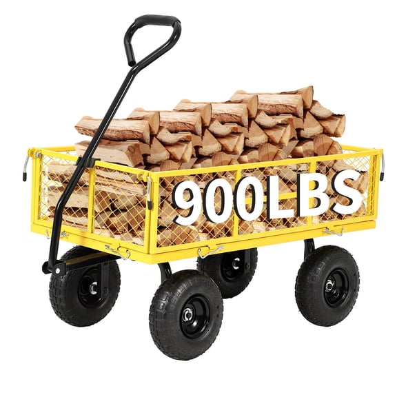 900 lbs Heavy Duty Steel Garden Wagon Cart – Outdoor Utility Yard Trailer with Removable Mesh Sides, 10" All-Terrain Wheels, Flatbed Convertible, 180° Rotating Handle – Lawn, Gardening – Black Wheels