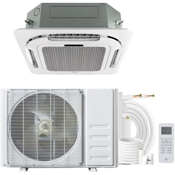 9000 BTU Ceiling Cassette Mini Split Air Conditioner with Heat Pump – Ductless Ceiling Mounted AC System, 360° 8-Way Airflow, Remote Control, 208/230V, 25ft Installation Kit, R454B Refrigerant