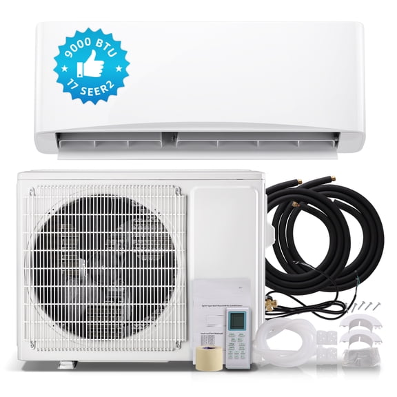 9000 BTU Mini Split AC/Heating System, 17 SEER2 115V Indoor & Outdoor Wall-Mounted Units with Remote Control, Installation Kit Included for Home, Office & Bedroom, Up to 450 Sq. Ft. Coverage