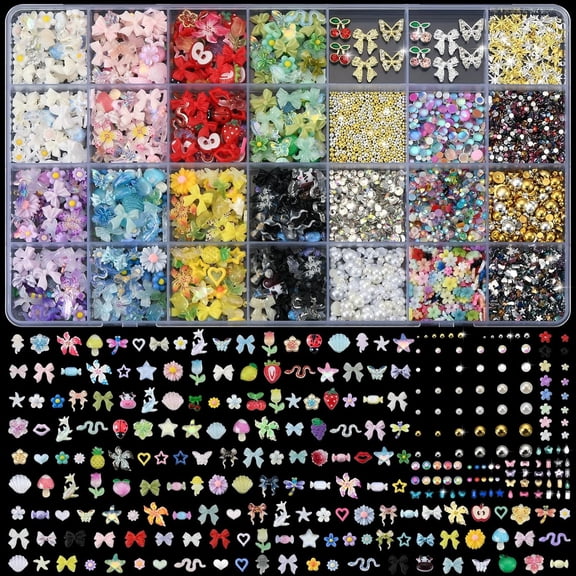 9000 Pcs 3D Nail Charms and Gems Bulk Y2k Cute Charms for Nails Design Kit 110 Styles Colorful Rhinestones Bows Butterfly Flower Star Beads Pearls Bubble