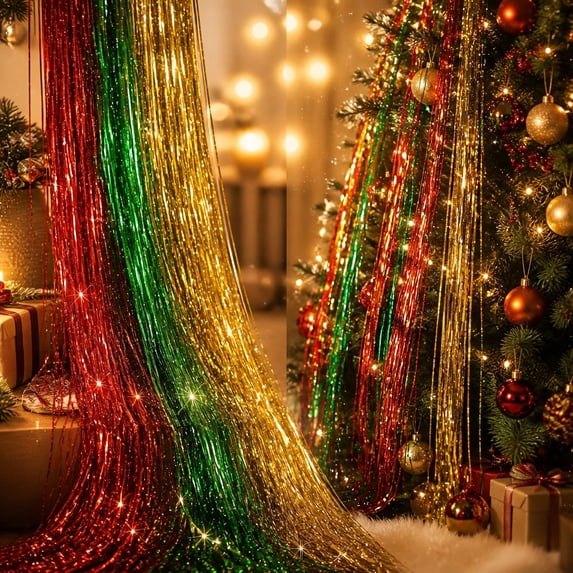 9000 Strands Christmas Foil Fringe Tinsel Icicle Decorations, 19.7 Inch Metallic Tinsel Strands for Xmas Tree, Holiday Party DIY Ornaments, Red Green Gold