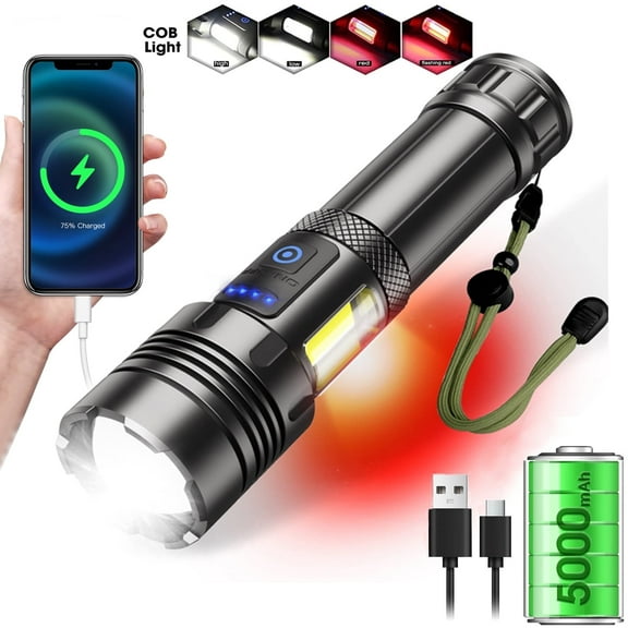 90000 Lumens Powerful Flashlight, Rechargeable Waterproof Searchlight Super Bright Handheld Led Flashlight with USB Zoom Torch for Emergency Hiking Hunting Camping