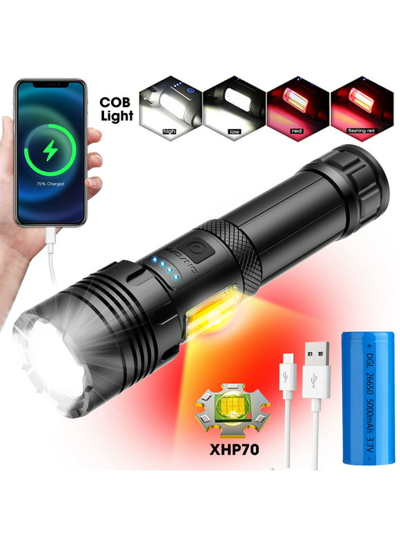 90000 Lumens Powerful Flashlight, Rechargeable Waterproof Searchlight XHP70.2 Super Bright Handheld Led Flashlight Tactical Flashlight 26650 Battery USB Zoom Torch for Emergency Hiking Hunting Camping