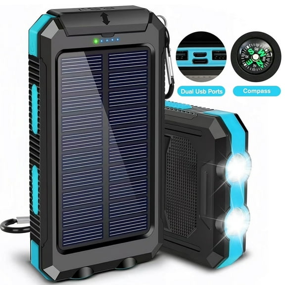 90000mAh Solar Charger for Cell Phone iPhone, Portable Solar Power Bank with Dual 5V USB Ports, 2 Led Light Flashlight, Compass External Backup Battery Pack Perfect for Camping, Outdoor Activities