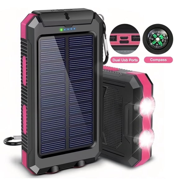 90000mAh Solar Charger for Cell Phone iPhone, Portable Solar Power Bank with Dual 5V USB Ports, 2 Led Light Flashlight, Compass External Backup Battery Pack Perfect for Camping, Outdoor Activities