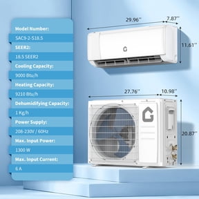 9000BTU Mini Split Air Conditioner & Heater, 230V Energy Efficient SEER2 18.5 Ductless Wall-Mounted AC Unit with WiFi, Remote Control & Installation Kit, Cools Rooms Up to 450 Sq.Ft