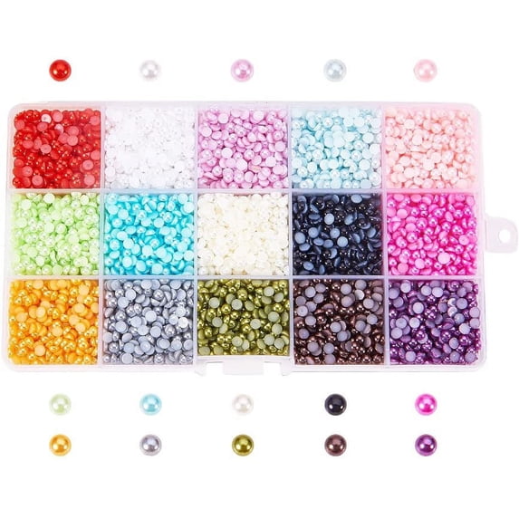 9000pcs 15 Colors 4mm Half Pearls for Crafts Flat Back Pearl Cabochon Half Artificial Pearl Bead Flat Back Plastic Beads for Shoes Wedding Dress Craft DIY Phone Nail Art Making