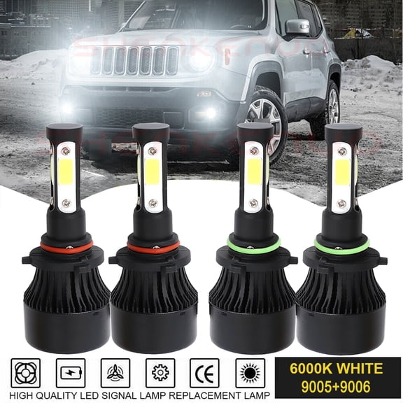 9005 9006 LED Headlight Bulb Kit for 2006-2010 Jeep Commander High Low Beam Combo 4pc 6500K White