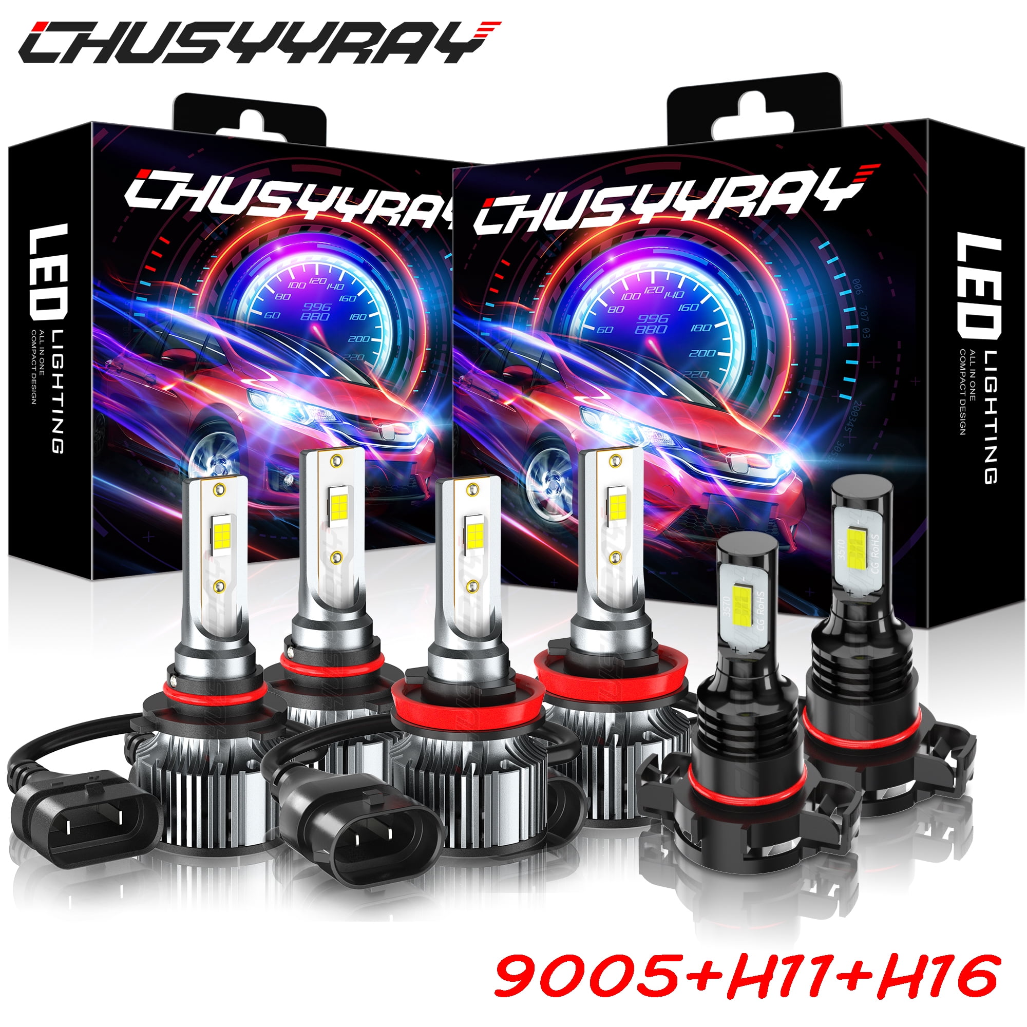 9005 H11 H16 Car Light Bulbs Combo LED Headlight High/Low Beam Fog Lights Bulb Kit Plug Play Pack Of 6