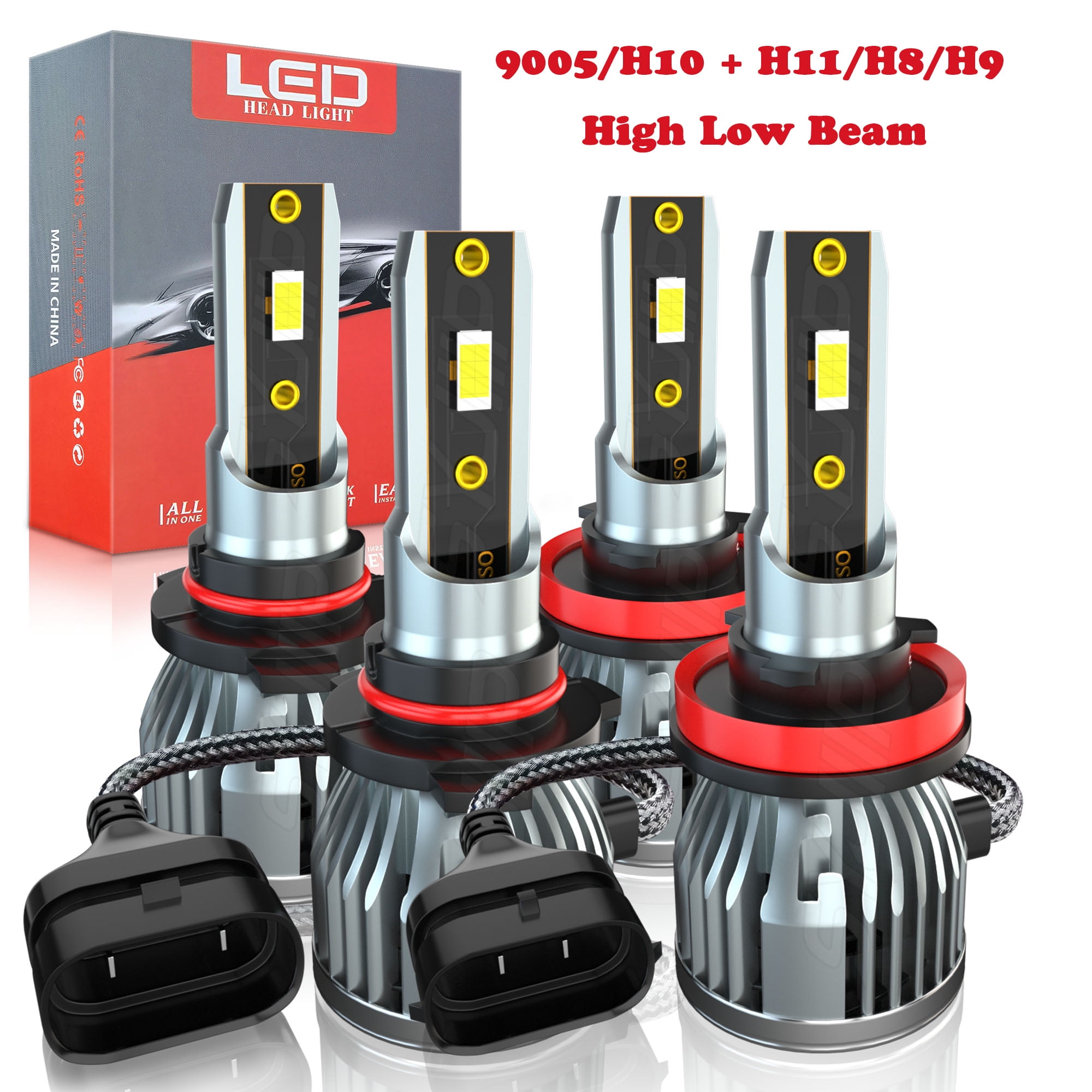 9005 H11 LED Headlight Bulbs 9005 High Beam H11 Low Beam Bulbs White 300%  Brighter 6000k-6500k Waterproof Plug&Play Led 9005/hb3+H11/H8/H9 High Low  Beam Kit 