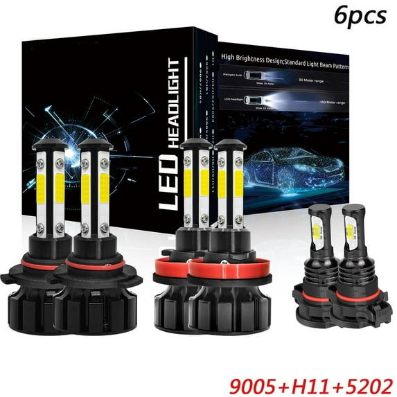 9005 High+H11 Low+5202 Fog Light for Jeep Compass 2011-2013 LED Headlight White 6000K 6pcs