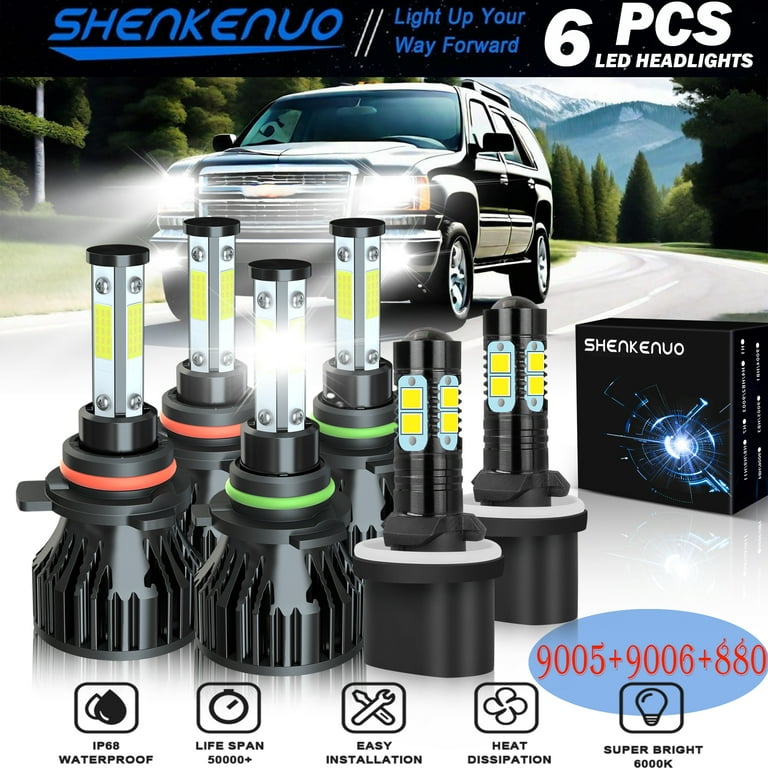 For Chevy Tahoe Suburban 1500 2500 2000 2004 2005 2006 LED Headlights 9006 9005 High Low Beam 880 Fog Lights 6pcs