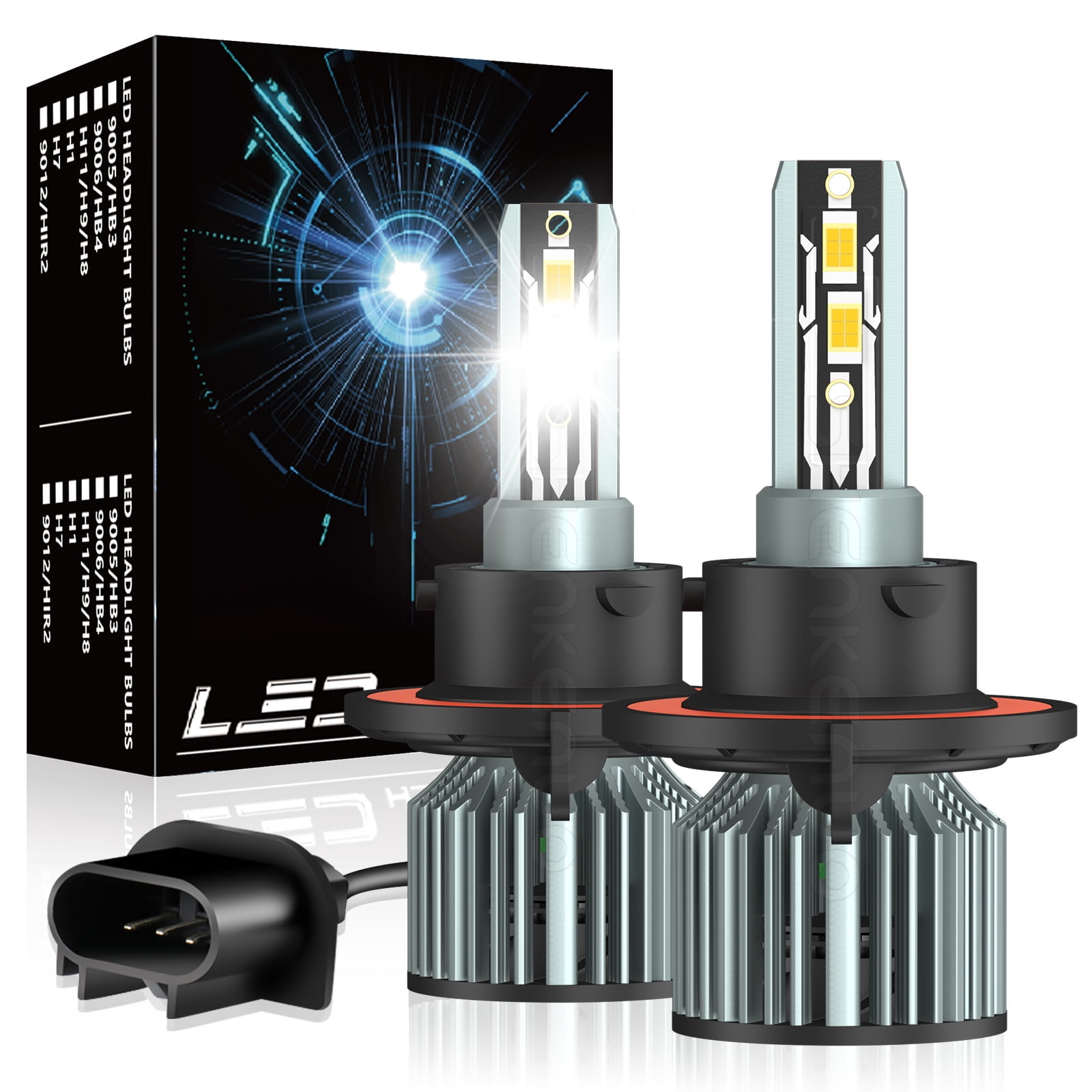 9008 H13 LED Headlight Bulbs 6000LM Per Set 6500K Xenon White High Low ...