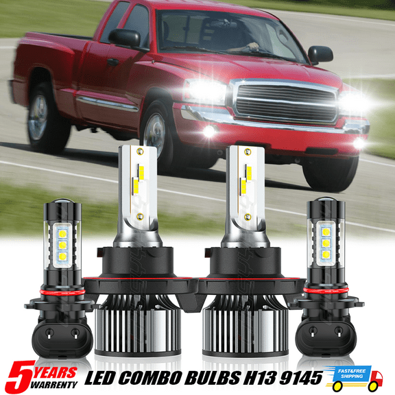 9008 LED Headlights High&Low Beam + 9145 Fog Bulbs for Dodge Dakota 2005 2006 2007 2008 2009 - 4 Pack