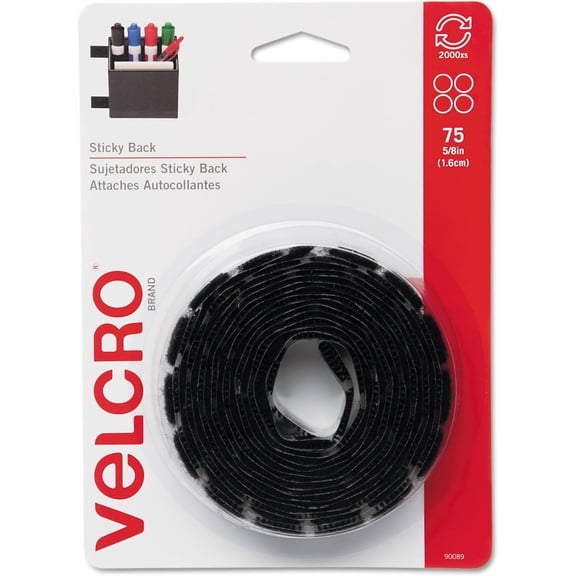 90089 Sticky-Back Hook  Loop Dot Fasteners, 5/8 Inch, Black, 75/Pack