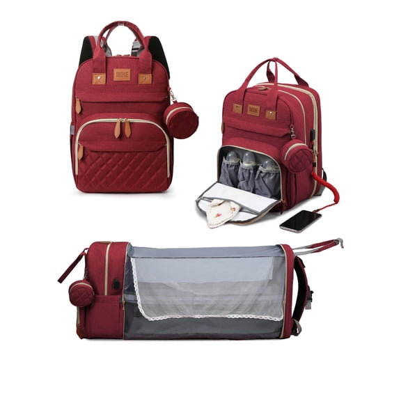 900D Convertible Diaper Bag Backpack with Bassinet Changing Station, Multi-Function Baby Travel Bag with USB Port, Insulated Pockets & Mosquito Net