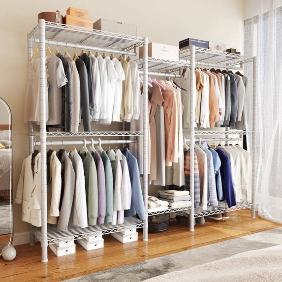 900LBS Capacity Clothing Rack with Wire Shelves Sturdy Metal Wardrobe Closet White