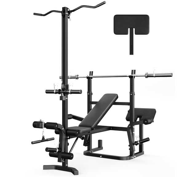 900LBS Olympic Weight Bench,9 in 1 Multifunction Strength Training Bench with Leg Extension, Preacher Curl Pad and LAT Pulldown for Home Gym with Olympic Bar,Black