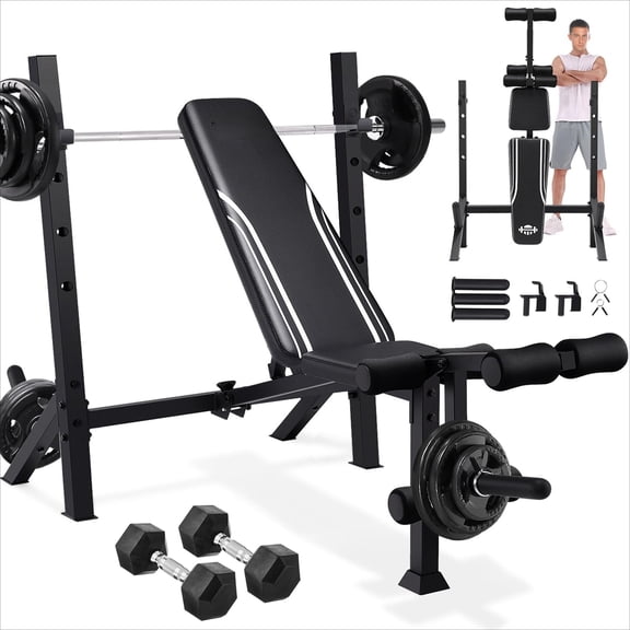 900LBS Weight Bench Set With Barbell Rack Heavy Duty Bench Press Set With Leg Extension And Leg Curl Foldable Workout Benches For Home Gym Strength Training Body Building Fitness Equipment Black)