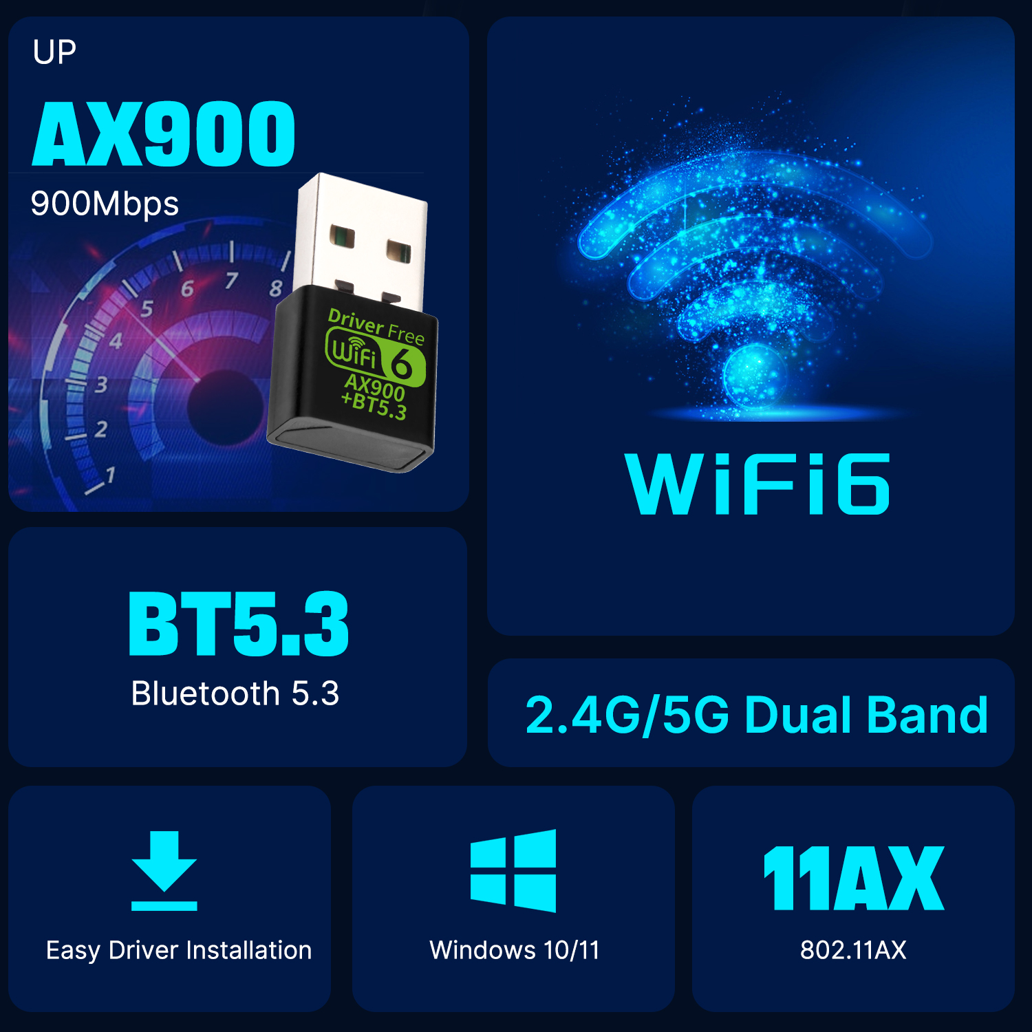 AX900 USB WiFi 6 Adapter 900Mbps Bluetooth 5.4 2 in 1 USB Dongle 2.4G 5G Wireless WLAN Receiver