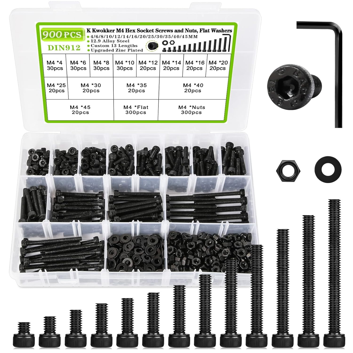 900PCS M4 Screws Nuts and Bolts Assortment Kit 4mm45mm,12.9 Alloy