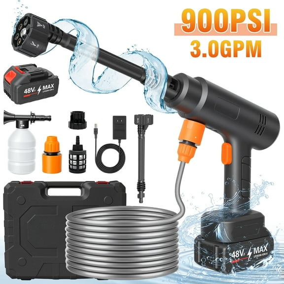 900PSI Cordless Pressure Washer, 3.0GPM Portable Power Washer with 6-in-1 Adjustable Nozzle, Power Cleaner with 16.4ft Hose for Cars/Patios, 1 Battery, Charger Included