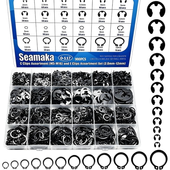900Pcs E-Clips Assortment Set(2.0mm-12mm) and C Clips Assortment (M5-M16),Snap Rings Assortment Kit,24 Sizes Black Carbon Steel Circlip Retaining Clip,External Retaining Rings O-117