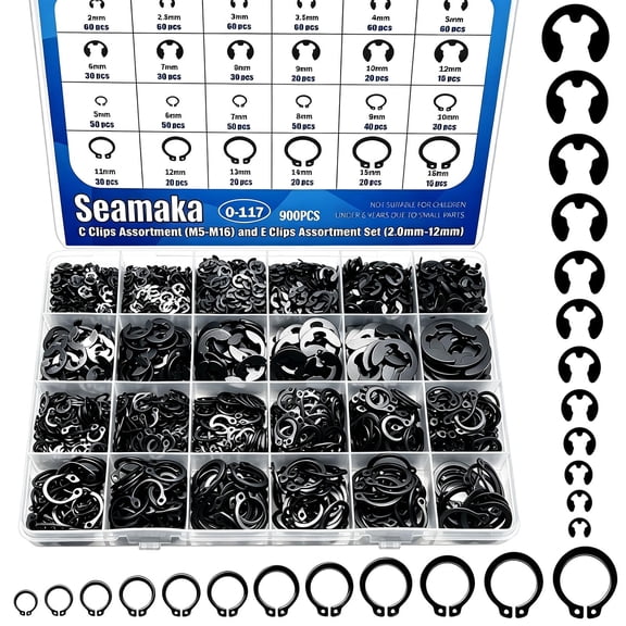 900Pcs E-Clips Assortment Set(2.0mm-12mm) and C Clips Assortment (M5-M16),Snap Rings Assortment Kit,24 Sizes Black Carbon Steel Circlip Retaining Clip,External Retaining Rings O-117
