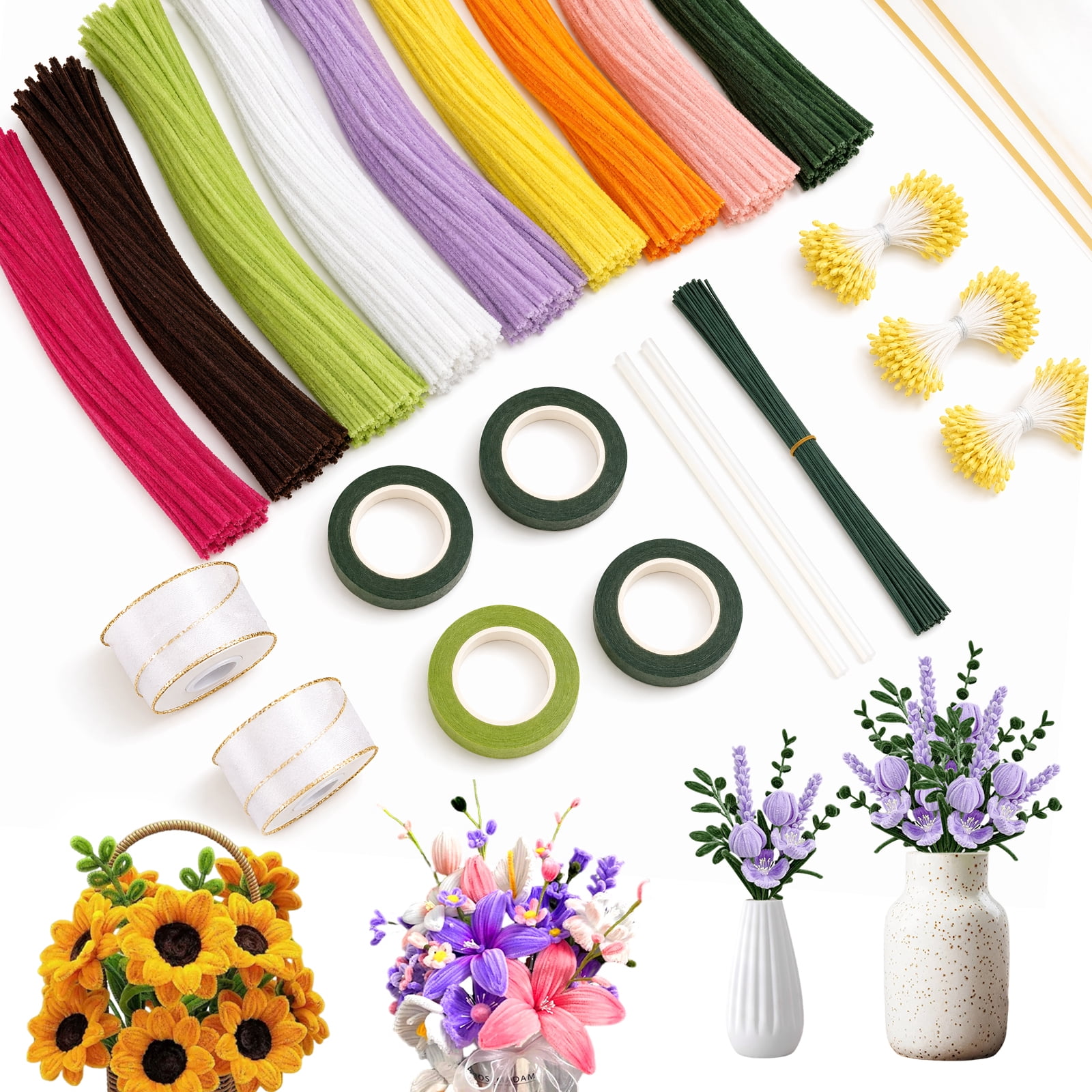 900Pcs Pipe Cleaners Craft Pipe Cleaners Flowers Kit 9 Color Chenille Stem with 40 Stem Glue Stick Floral Tape Stamen Ribbon Wrapping Paper Handmade Bouquet for Arts DIY Craft Supplies