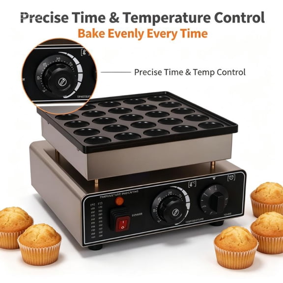 950W Electric Poffertjes Maker, 25-Hole Non-Stick Mini Waffle Baker, Stainless Steel Snack Grill with Temp & Timer, for Home Breakfast, Coffee Shop & Party Treats