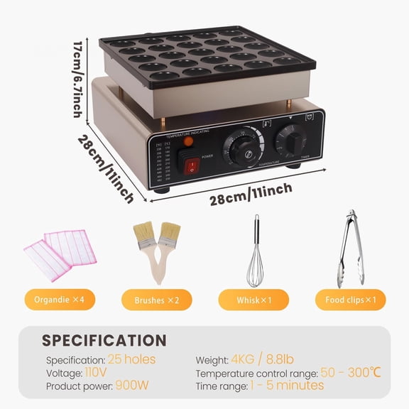 900W Mini Pancake Griddle, 25PCS Stainless Steel Poffertjes Maker, Non-Stick Baking Surface, Adjustable Temperature & Timer, Electric Hotcakes Machine for Home Breakfast, Snacks & Desserts