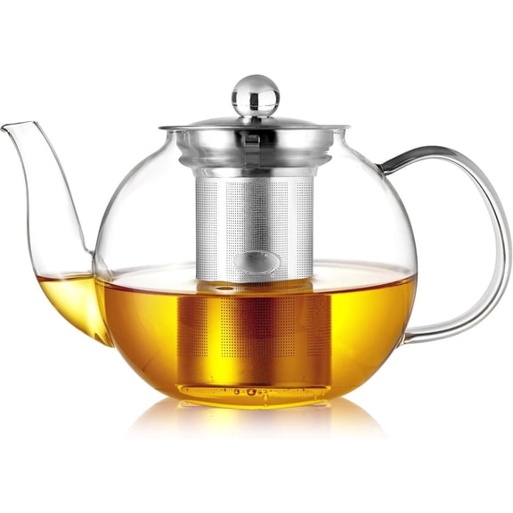 900ml Glass Teapot with Removable Infuser,Clear  Kettle Stovetop Safe,Blooming and Loose Leaf  Maker