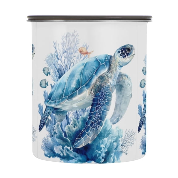 900ml Stainless Steel Food Storage Containers Blue Sea Turtle Pattern Airtight Kitchen Canisters with Vacuum Lid for Coffee Tea Flour Sugar Grains