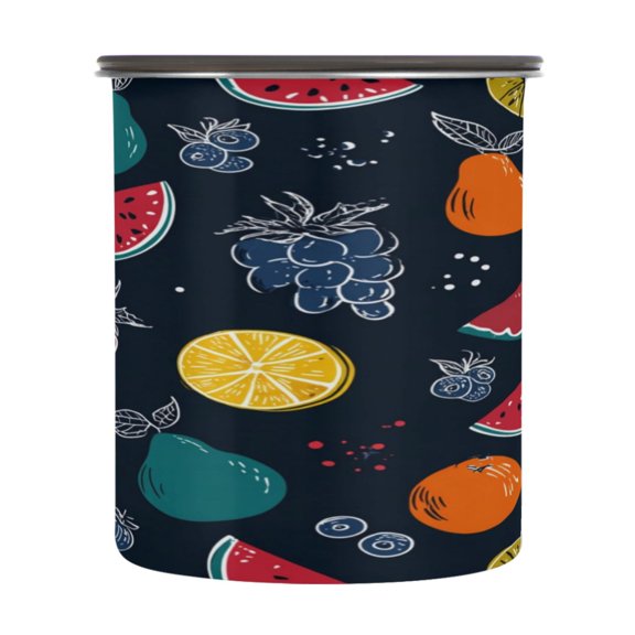 900ml Stainless Steel Food Storage Containers Cartoon Variety Of Fruits Airtight Kitchen Canisters with Vacuum Lid for Coffee Tea Flour Sugar Grains
