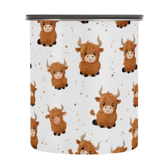 900ml Stainless Steel Food Storage Containers Cute Yaks Cow Pattern Airtight Kitchen Canisters with Vacuum Lid for Coffee Tea Flour Sugar Grains