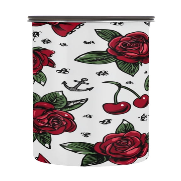 900ml Stainless Steel Food Storage Containers Red Roses and Cherries Airtight Kitchen Canisters with Vacuum Lid for Coffee Tea Flour Sugar Grains