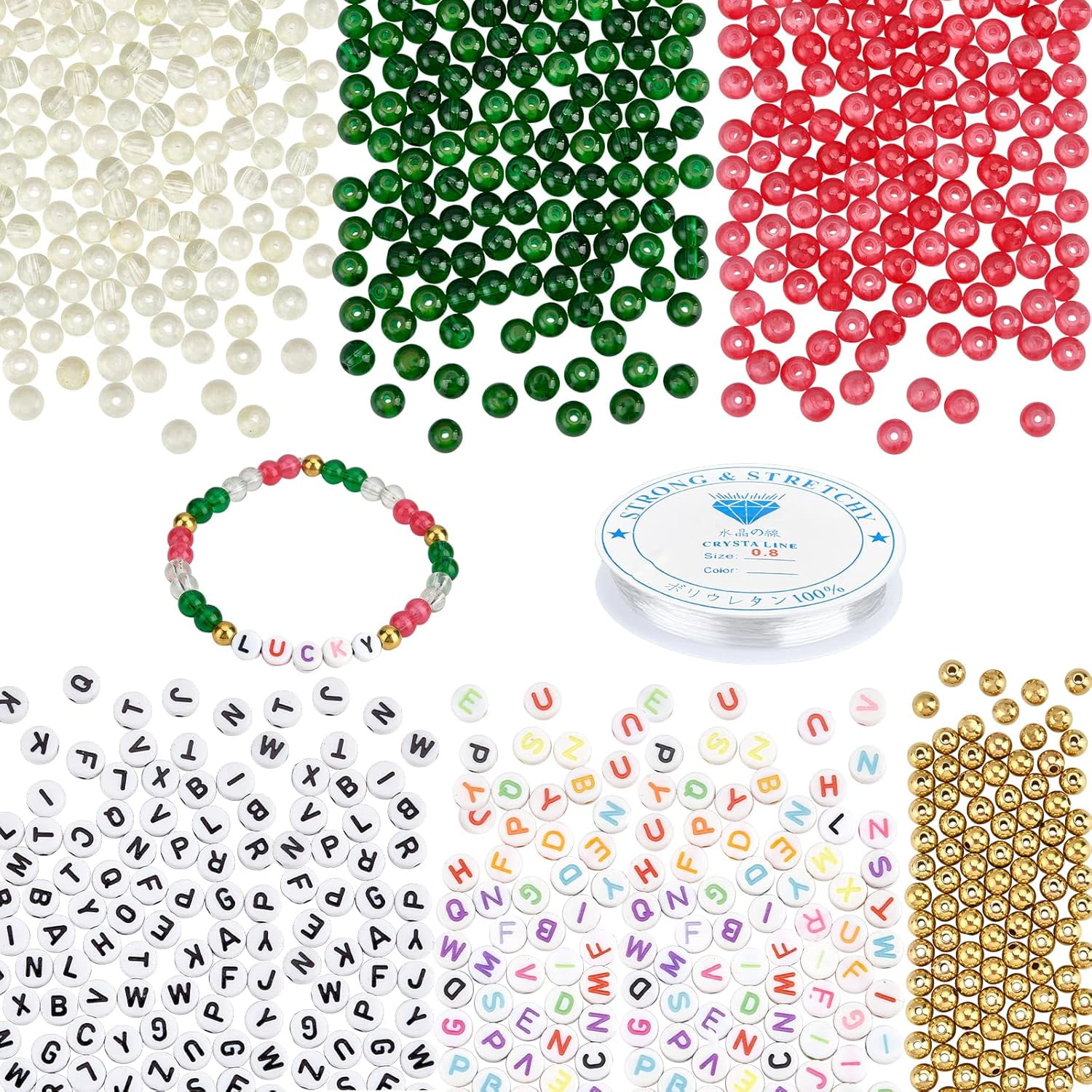 900pcs Glass Beads Alphabet Letter Beads Red Green Loose Beads Horizontal Hole Acrylic Beads Brass Spacer Beads with Elastic Thread DIY
