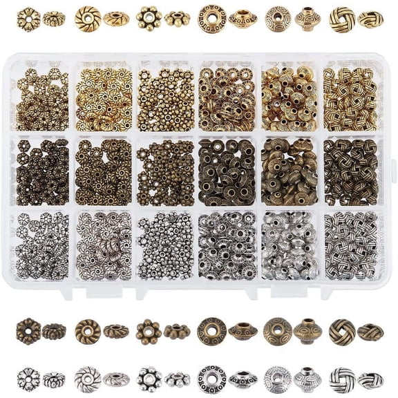 900pcs Metal Spacer Beads 6 Style Tibetan Gear Bicone Flower Beads Alloy Jewelry Loose Beads