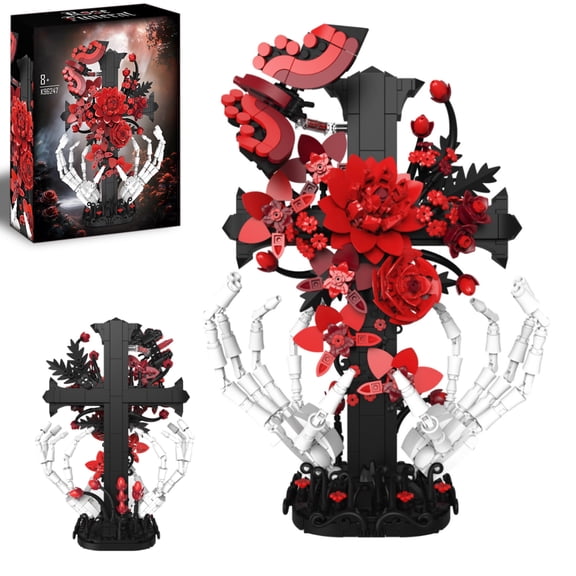 901PCS Gothic Rose Cross Building Block Set, Red Flower & Black Cross Skeleton Hand Model Kit, Movable Gothic Decor Construction Toy for Adults, Collectible Display Gift